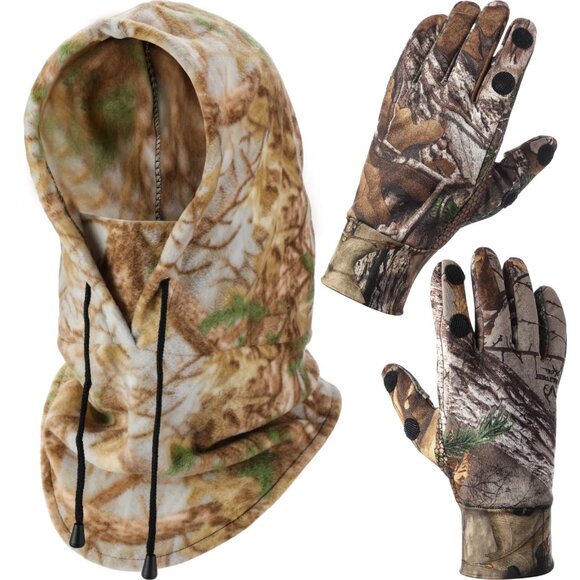 Winter Camo Balaclava Gloves Set Fingerless Warm Hunting Outdoor Accessories